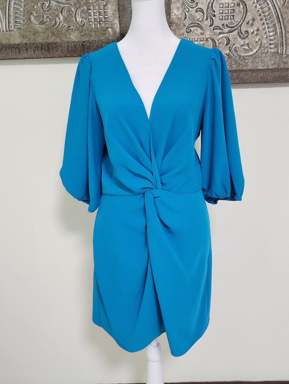 Amanda Uprichard Teal V-Neck Twisted Puff Sleeves Mini Dress Med Wedding Guest
